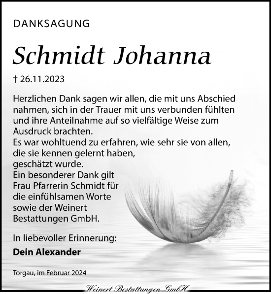 Traueranzeige von Johanna Schmidt von Torgauer Zeitung