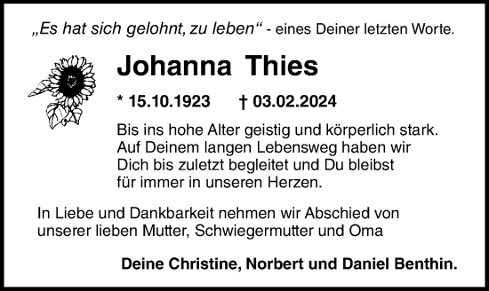 Traueranzeige von Johanna Thies von Ostsee-Zeitung GmbH