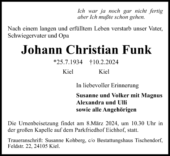 Traueranzeige von Johann Christian Funk von Kieler Nachrichten