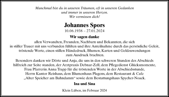 Traueranzeige von Johannes Spors von Wochenspiegel