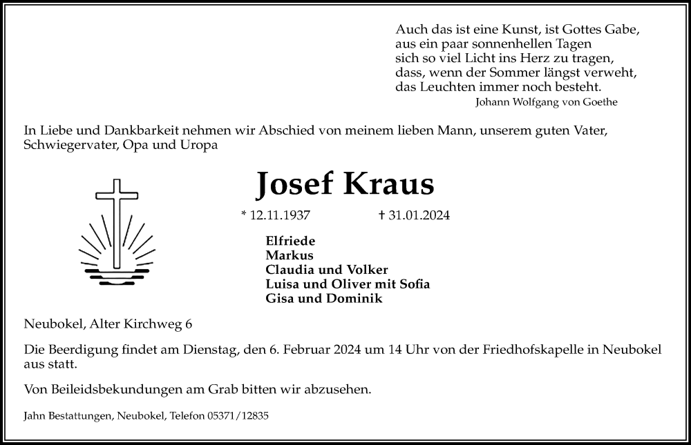  Traueranzeige für Josef Kraus vom 03.02.2024 aus Aller Zeitung