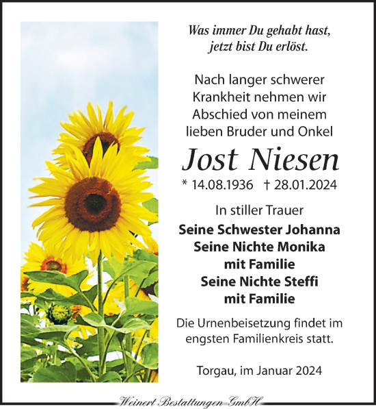 Traueranzeige von Jost Niesen von Torgauer Zeitung