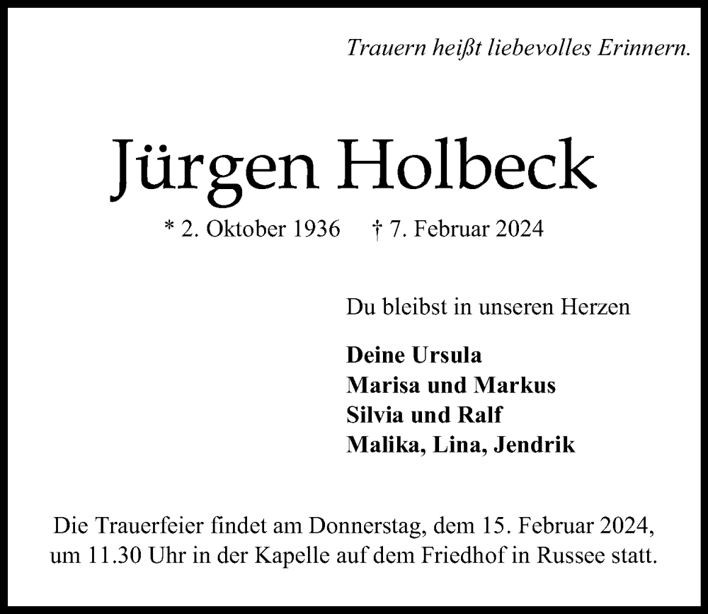  Traueranzeige für Jürgen Holbeck vom 10.02.2024 aus Kieler Nachrichten