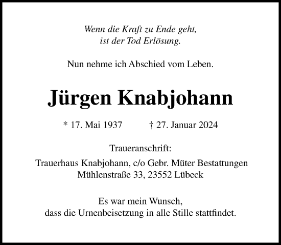 Traueranzeige von Jürgen Knabjohann von Lübecker Nachrichten