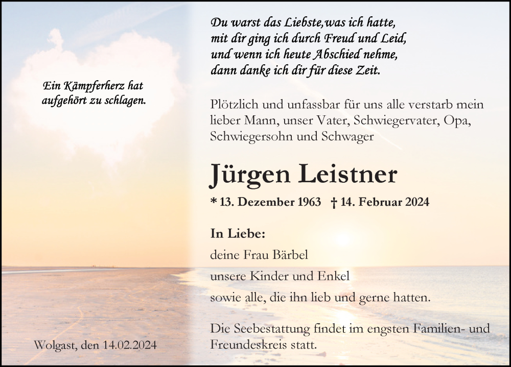  Traueranzeige für Jürgen Leistner vom 17.02.2024 aus Ostsee-Zeitung GmbH