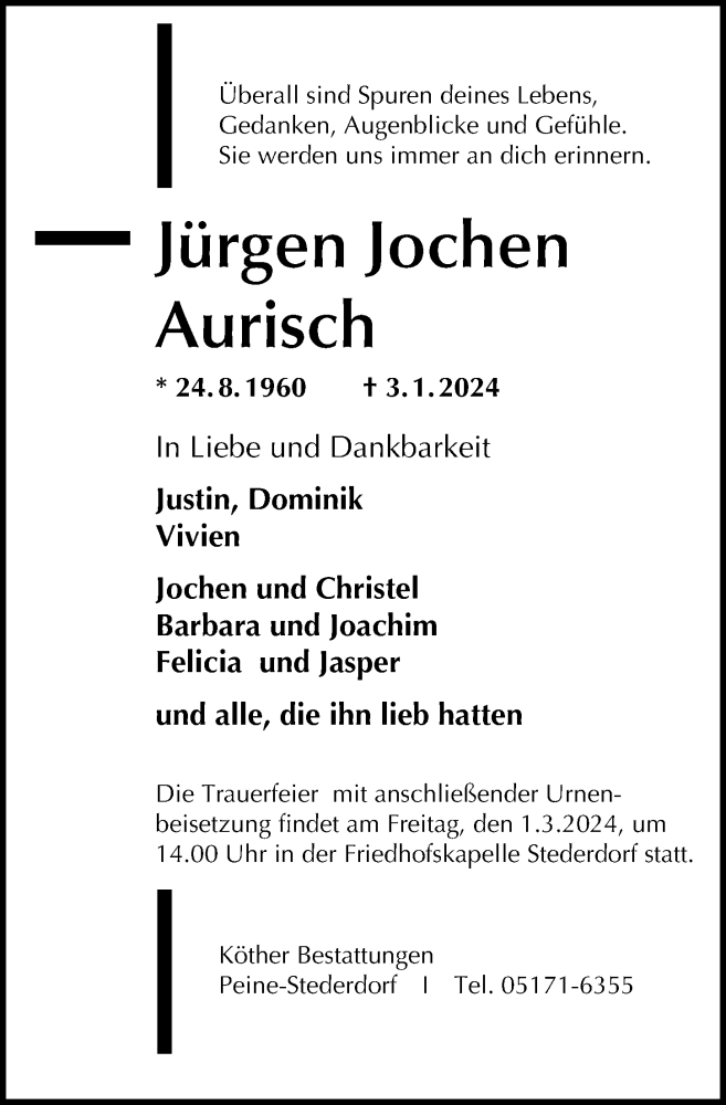  Traueranzeige für Jürgen Jochen Aurisch vom 24.02.2024 aus Peiner Allgemeine Zeitung