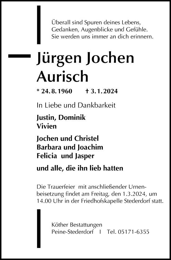 Traueranzeige von Jürgen Jochen Aurisch von Peiner Allgemeine Zeitung