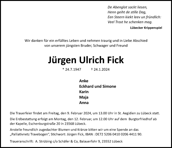 Traueranzeige von Jürgen Ulrich Fick von Lübecker Nachrichten
