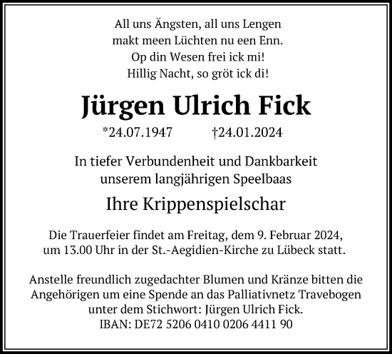 Traueranzeige von Jürgen Ulrich Fick von Lübecker Nachrichten