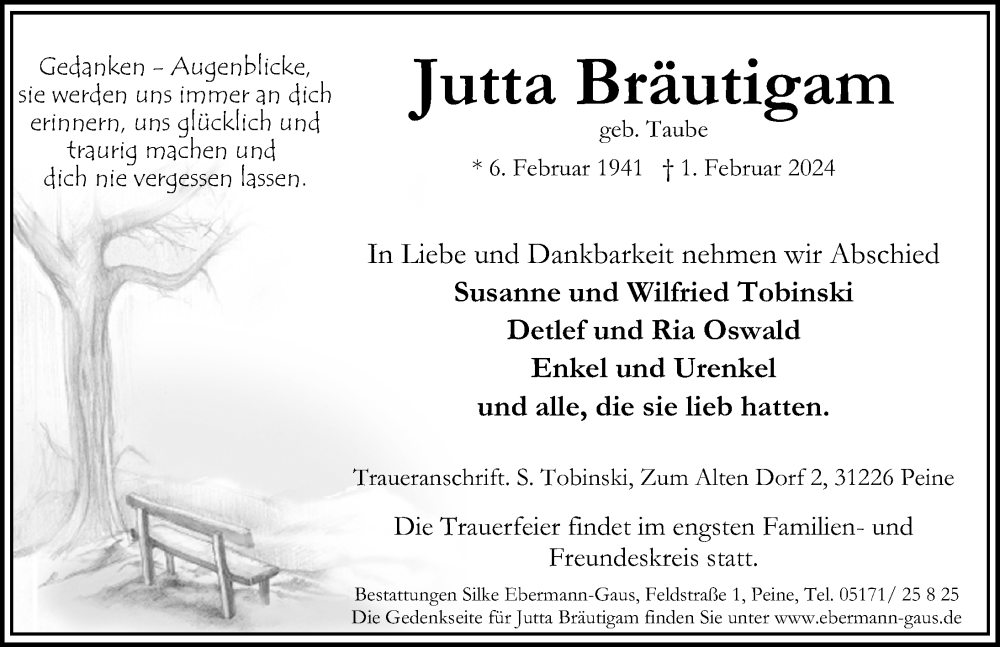  Traueranzeige für Jutta Bräutigam vom 03.02.2024 aus Peiner Allgemeine Zeitung