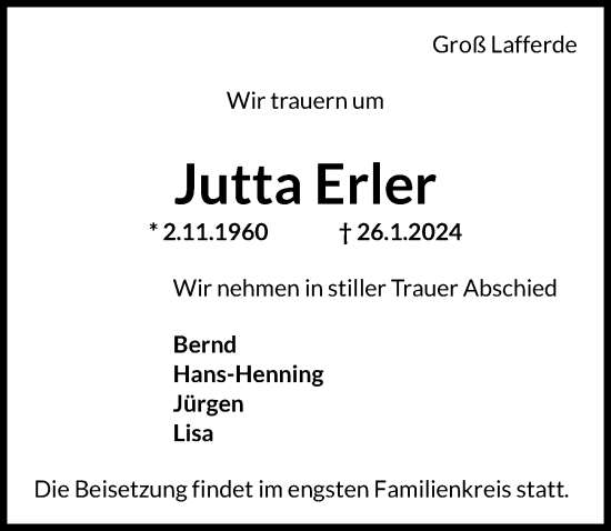 Traueranzeige von Jutta Erler von Peiner Allgemeine Zeitung
