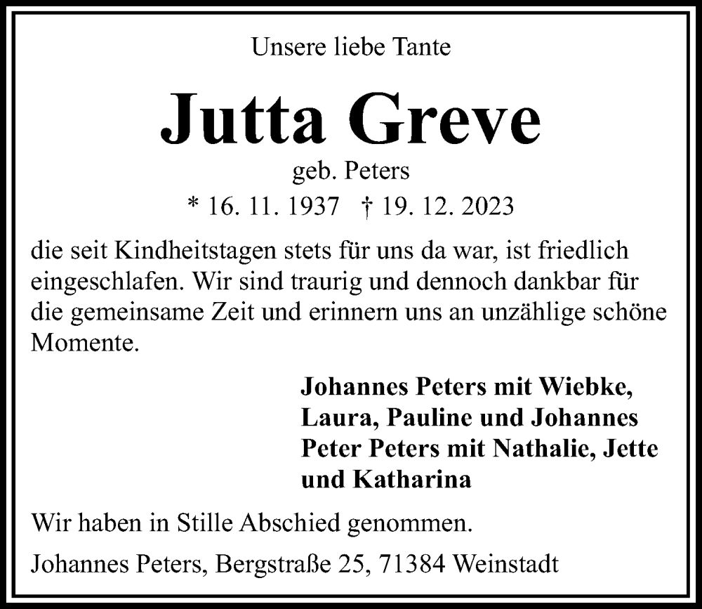  Traueranzeige für Jutta Greve vom 10.02.2024 aus Kieler Nachrichten