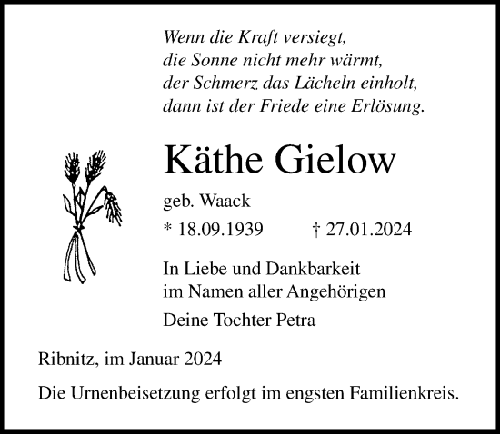 Traueranzeige von Käthe Gielow von Ostsee-Zeitung GmbH