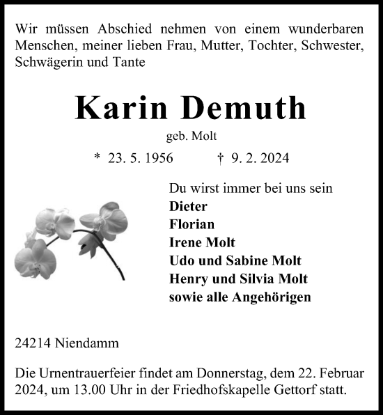 Traueranzeige von Karin Demuth von Kieler Nachrichten