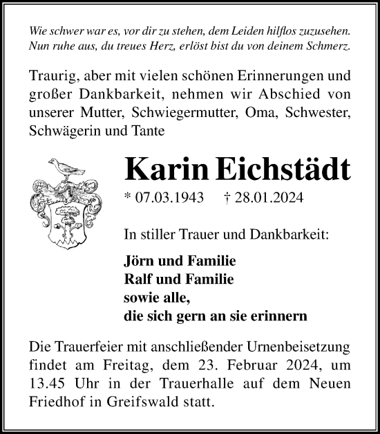 Traueranzeige von Karin Eichstädt von Ostsee-Zeitung GmbH