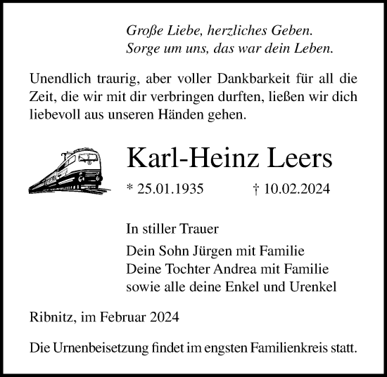 Traueranzeige von Karl-Heinz Leers von Ostsee-Zeitung GmbH