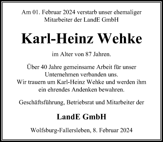Traueranzeige von Karl-Heinz Wehke von Aller Zeitung