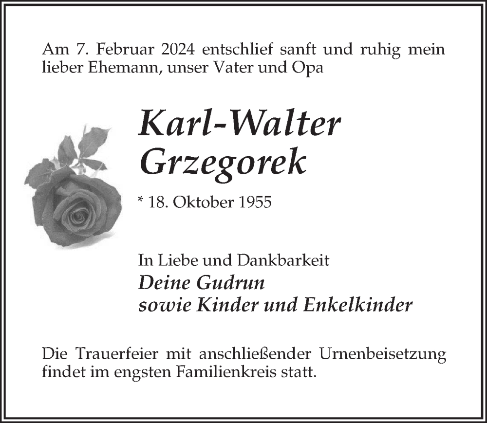  Traueranzeige für Karl-Walter Grzegorek vom 10.02.2024 aus Märkischen Allgemeine Zeitung