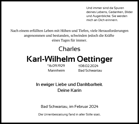 Traueranzeige von Karl-Wilhelm Oettinger von Lübecker Nachrichten