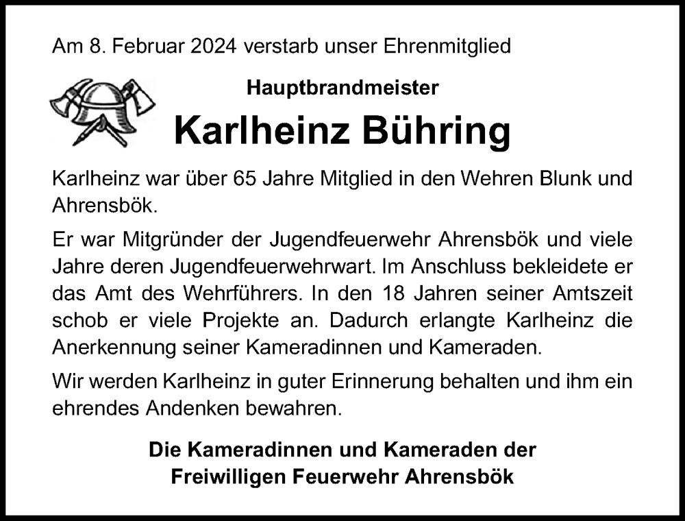  Traueranzeige für Karlheinz Bühring vom 16.02.2024 aus Lübecker Nachrichten