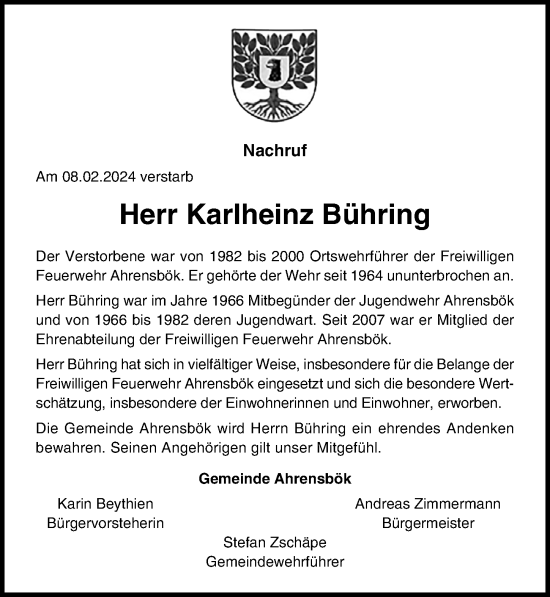 Traueranzeige von Karlheinz Bühring von Lübecker Nachrichten