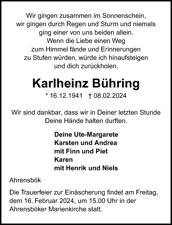 Traueranzeige von Karlheinz Bühring von Lübecker Nachrichten