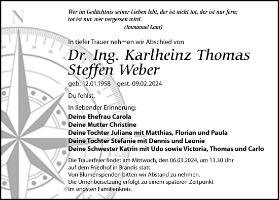 Traueranzeige von Karlheinz Thomas Steffen Weber von Leipziger Volkszeitung