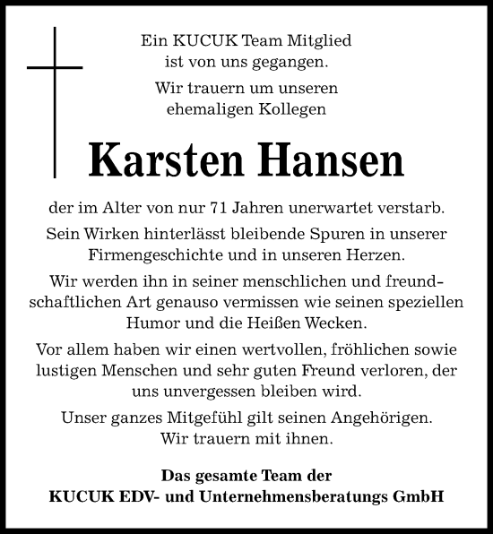 Traueranzeige von Karsten Hansen von Kieler Nachrichten