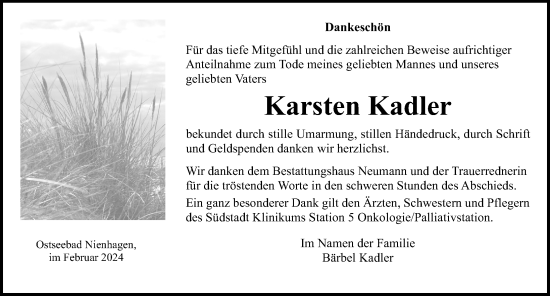 Traueranzeige von Karsten Kadler von Ostsee-Zeitung GmbH