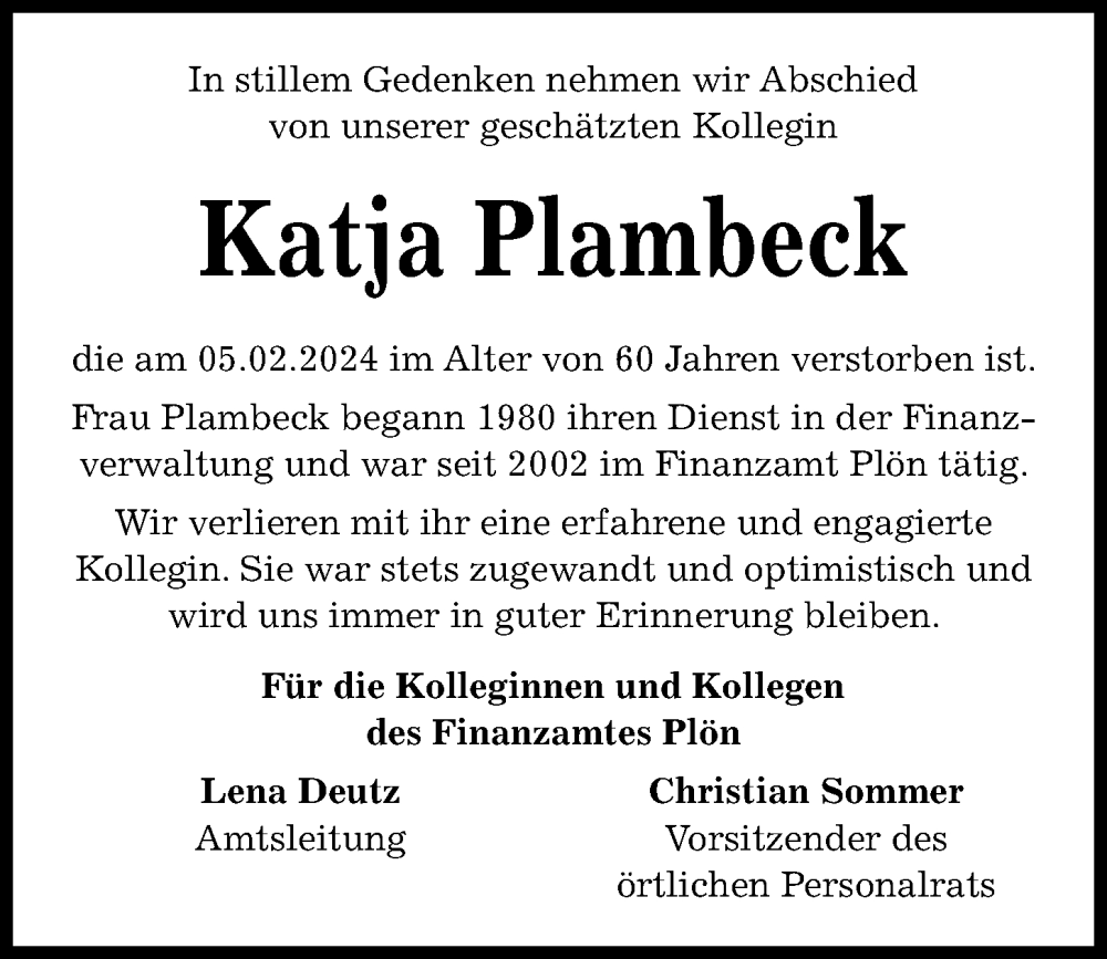  Traueranzeige für Katja Plambeck vom 12.02.2024 aus Kieler Nachrichten
