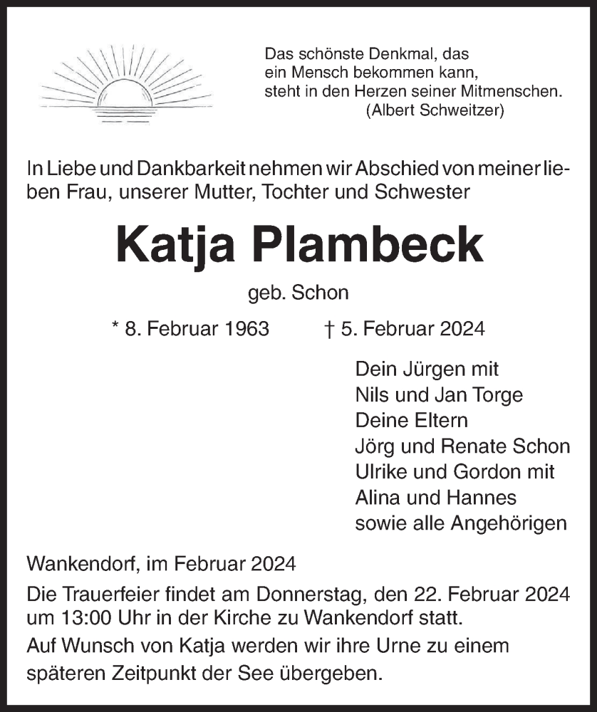  Traueranzeige für Katja Plambeck vom 10.02.2024 aus Kieler Nachrichten