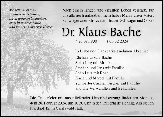 Traueranzeige von Klaus Bache von Ostsee-Zeitung GmbH