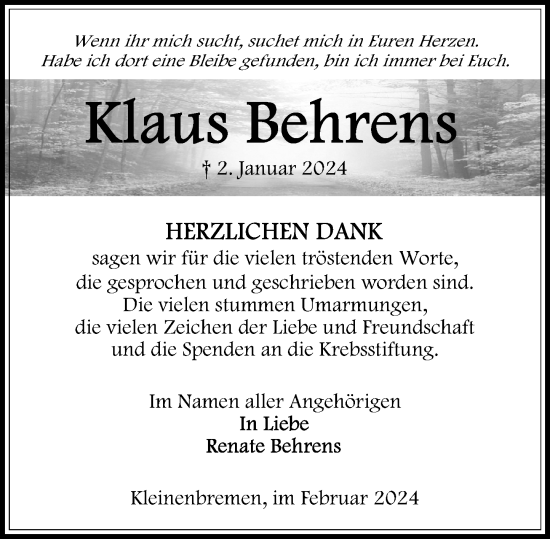 Traueranzeige von Klaus Behrens von Schaumburger Nachrichten