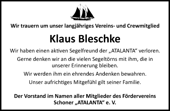 Traueranzeige von Klaus Bleschke von Ostsee-Zeitung GmbH