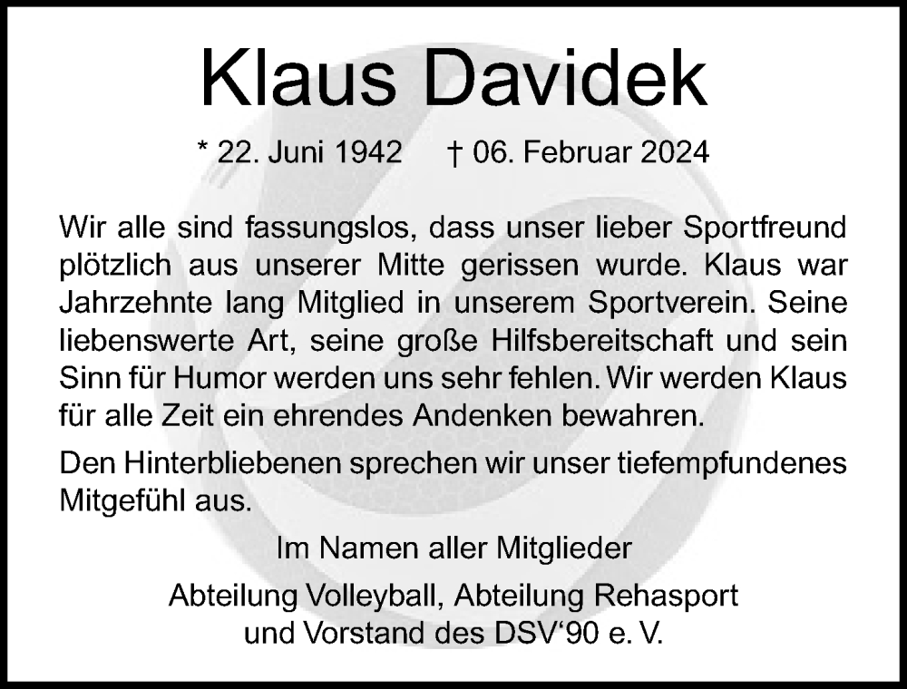  Traueranzeige für Klaus Davidek vom 17.02.2024 aus Ostsee-Zeitung GmbH