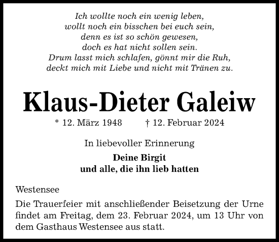 Traueranzeige von Klaus-Dieter Galeiw von Kieler Nachrichten