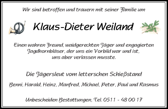 Traueranzeige von Klaus-Dieter  Weiland von Hannoversche Allgemeine Zeitung/Neue Presse