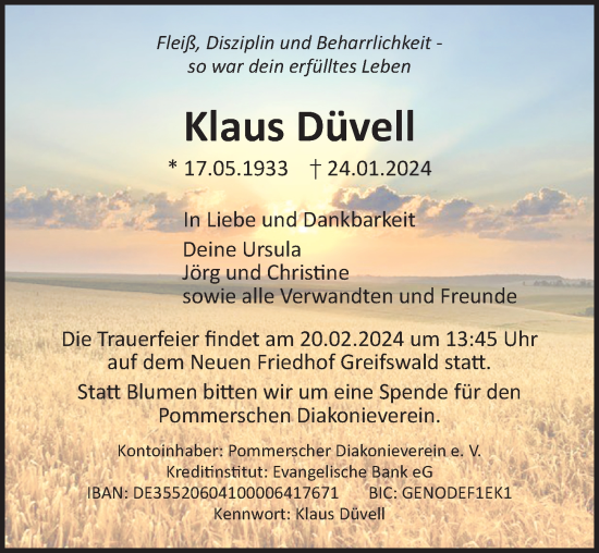 Traueranzeige von Klaus Düvell von Ostsee-Zeitung GmbH