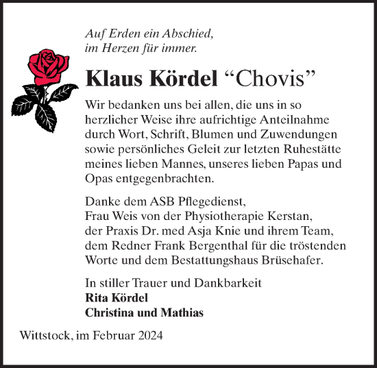 Traueranzeige von Klaus Kördel von Wochenspiegel