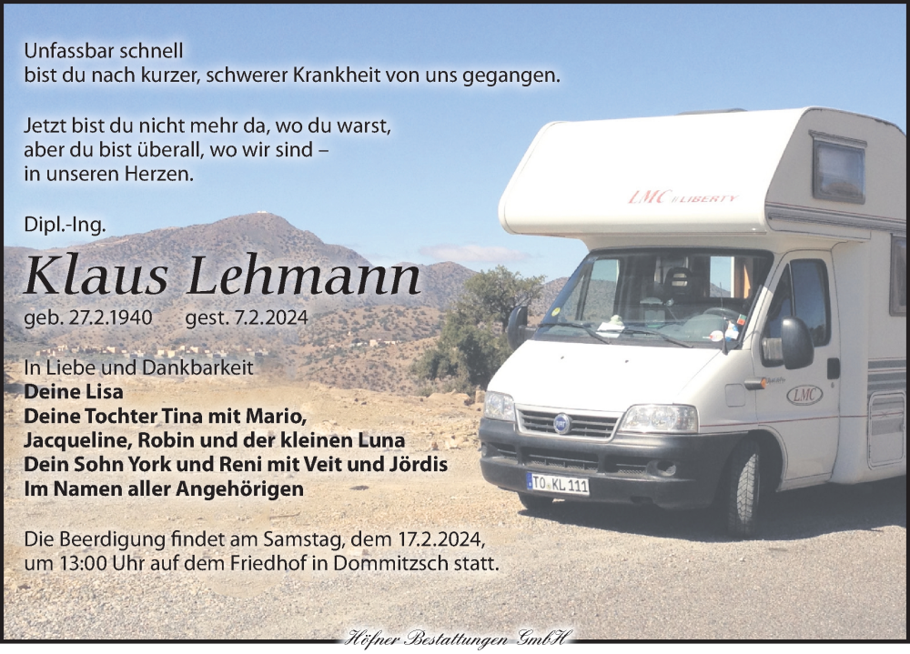  Traueranzeige für Klaus Lehmann vom 10.02.2024 aus Torgauer Zeitung