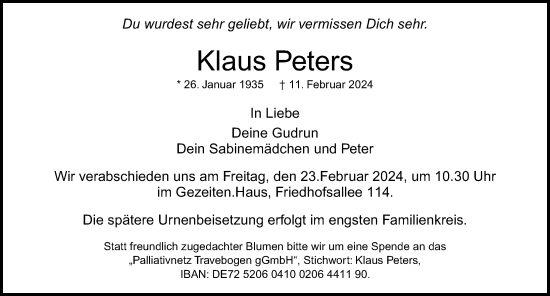 Traueranzeige von Klaus Peters von Lübecker Nachrichten