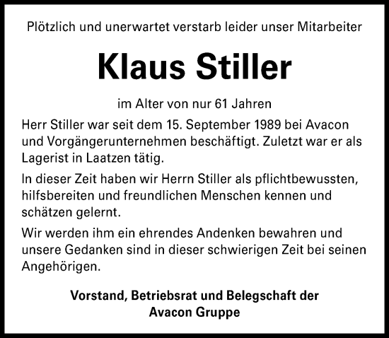 Traueranzeige von Klaus Stiller von Hannoversche Allgemeine Zeitung/Neue Presse
