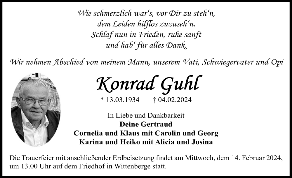  Traueranzeige für Konrad Guhl vom 10.02.2024 aus Wochenspiegel