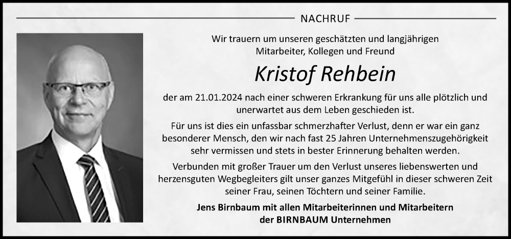  Traueranzeige für Kristof Rehbein vom 03.02.2024 aus Ostsee-Zeitung GmbH