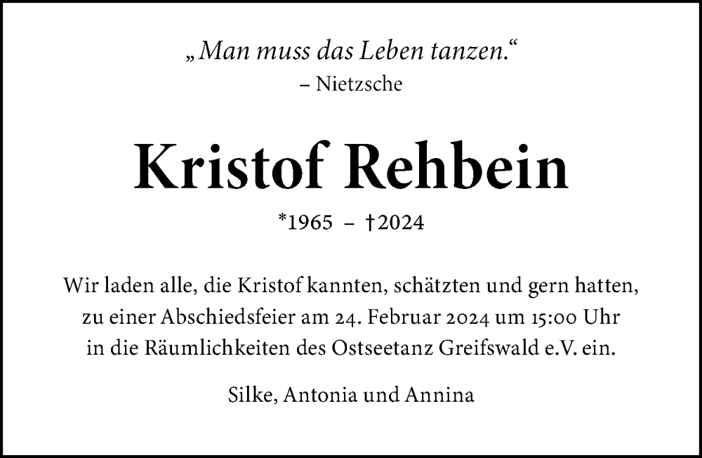  Traueranzeige für Kristof Rehbein vom 03.02.2024 aus Ostsee-Zeitung GmbH