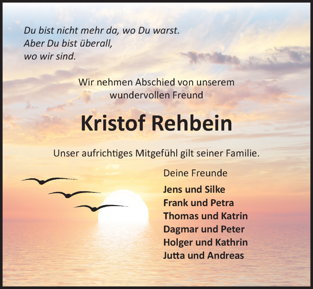  Traueranzeige für Kristof Rehbein vom 03.02.2024 aus Ostsee-Zeitung GmbH