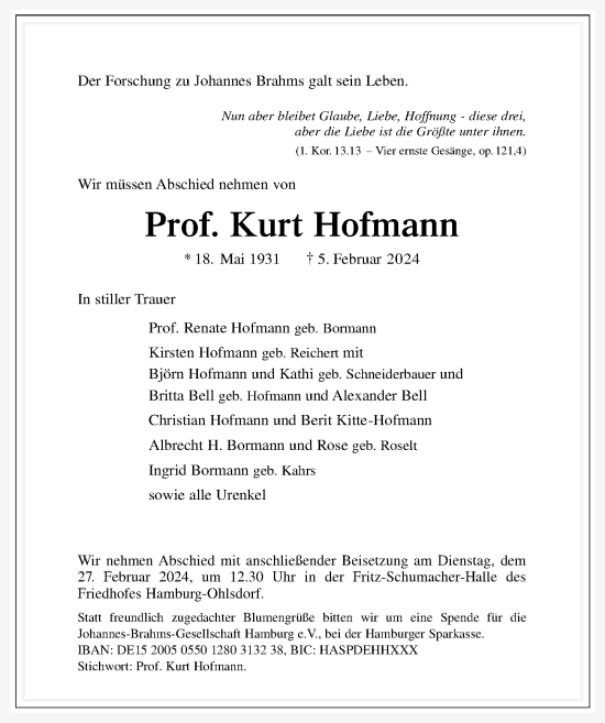 Traueranzeige von Kurt Hofmann von Lübecker Nachrichten