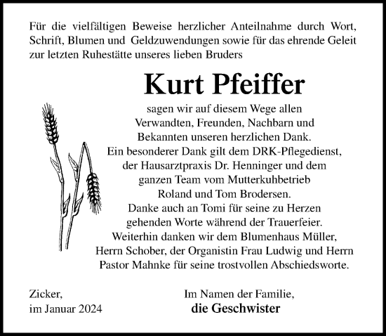 Traueranzeige von Kurt Pfeiffer von Ostsee-Zeitung GmbH