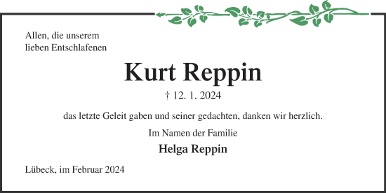 Traueranzeige von Kurt Reppin von Lübecker Nachrichten