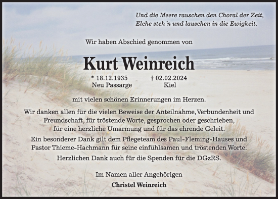 Traueranzeige von Kurt Weinreich von Kieler Nachrichten